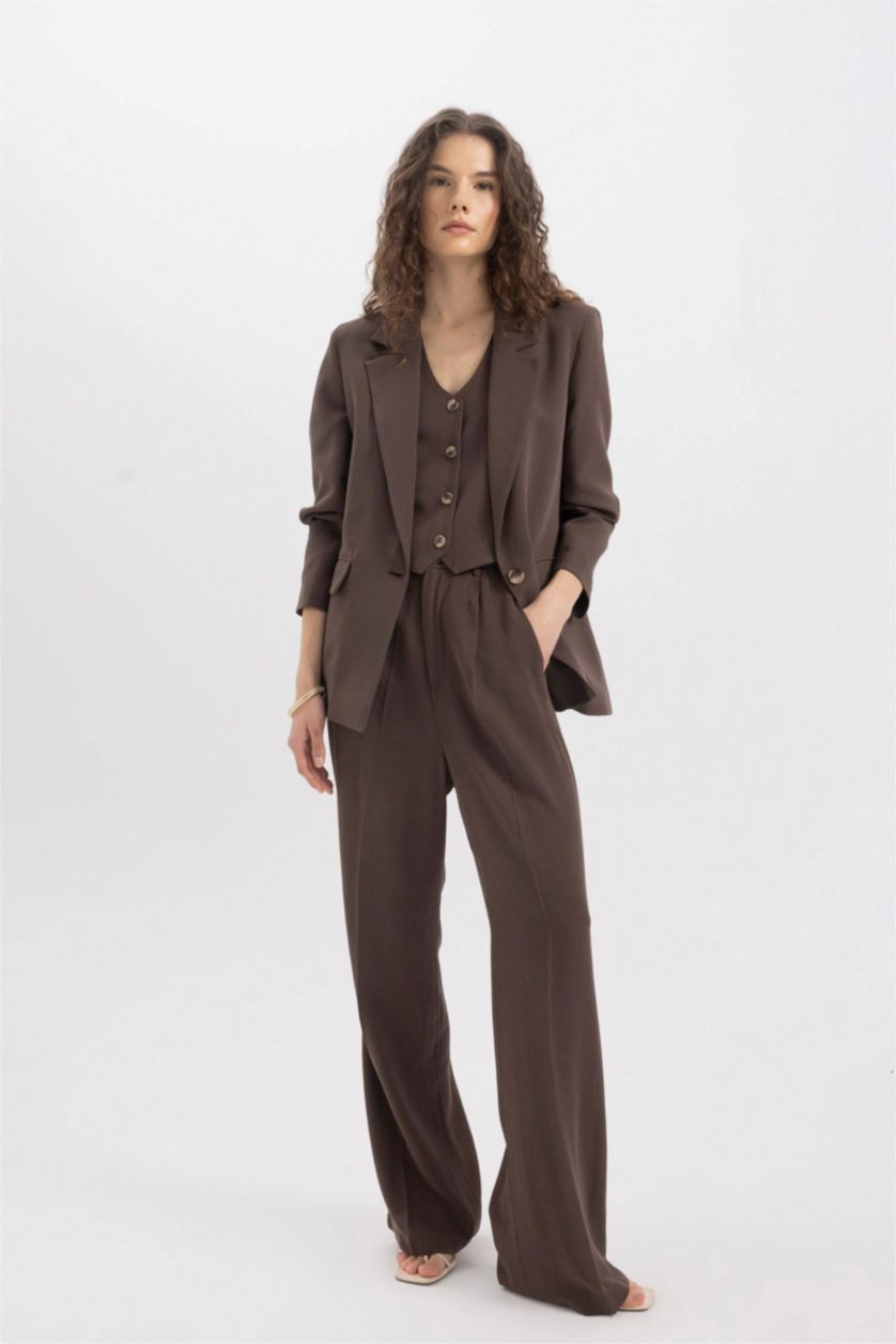 WOMAN Brown High Waist Wide Leg Darted Linen Blend Trousers