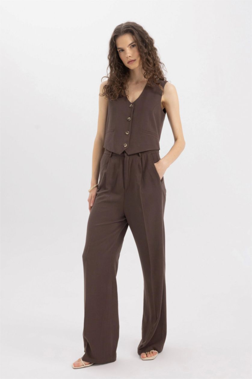 WOMAN Brown High Waist Wide Leg Darted Linen Blend Trousers