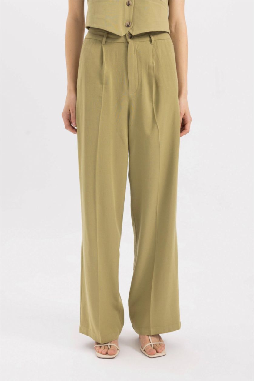 Kadın Haki Yüksek Bel Wıde Leg Pantolon