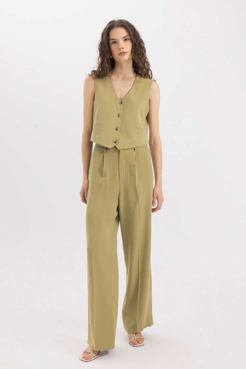 Kadın Haki Yüksek Bel Wıde Leg Pantolon