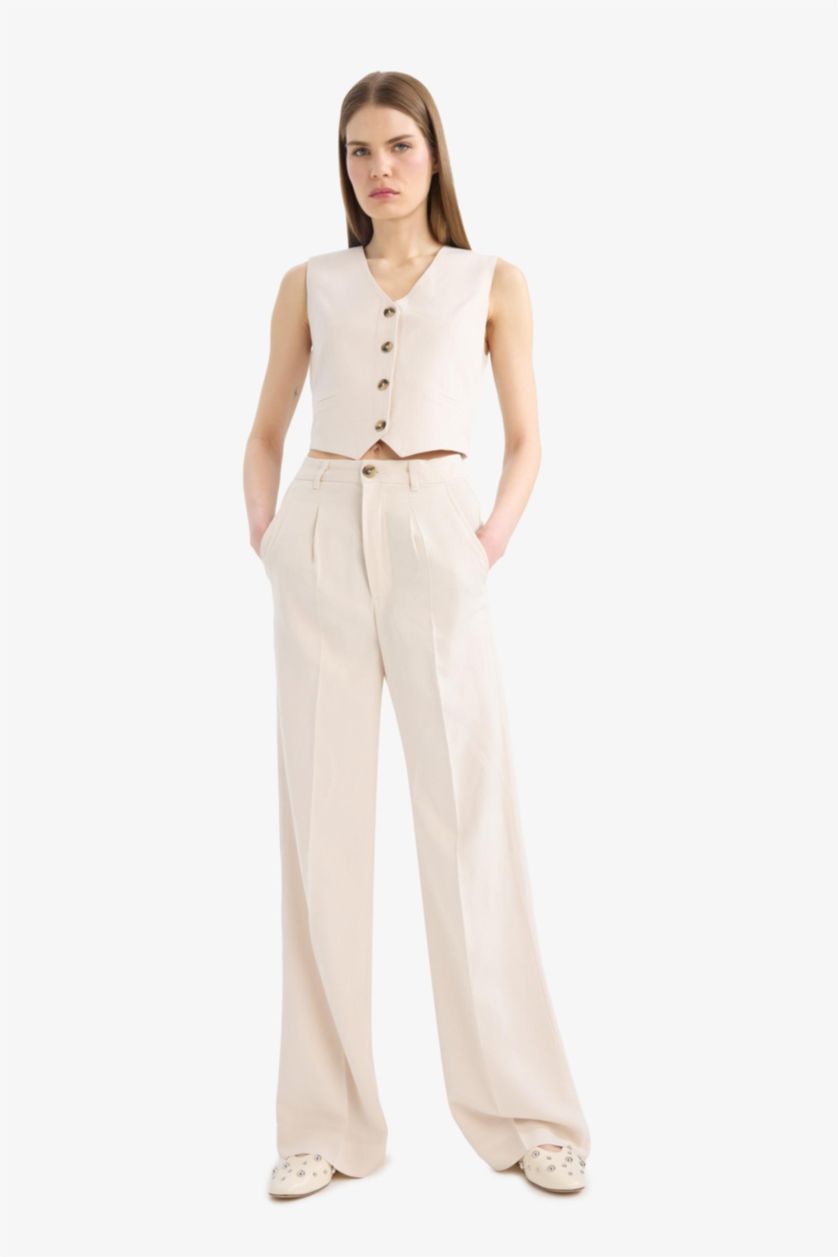 Woman Stone High Waist Wide Leg Linen Blend Palazzo Trousers