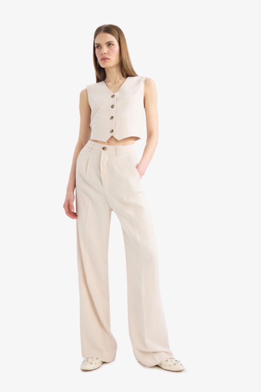 Woman Stone High Waist Wide Leg Linen Blend Palazzo Trousers