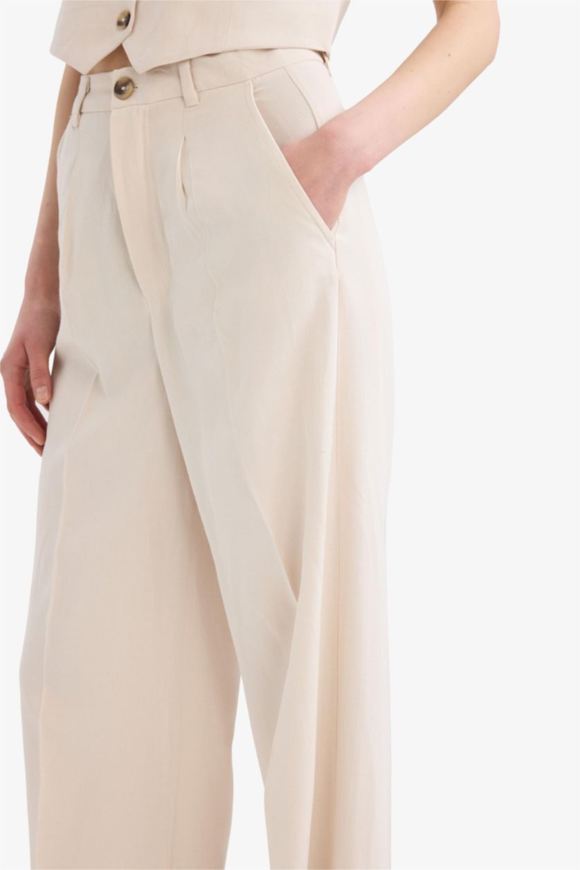 Woman Stone High Waist Wide Leg Linen Blend Palazzo Trousers