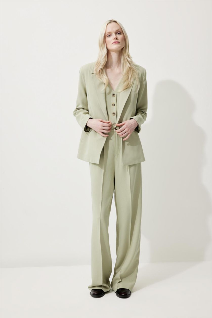 Woman Light Khaki High Waist Wide Leg Linen Blend Palazzo Trousers