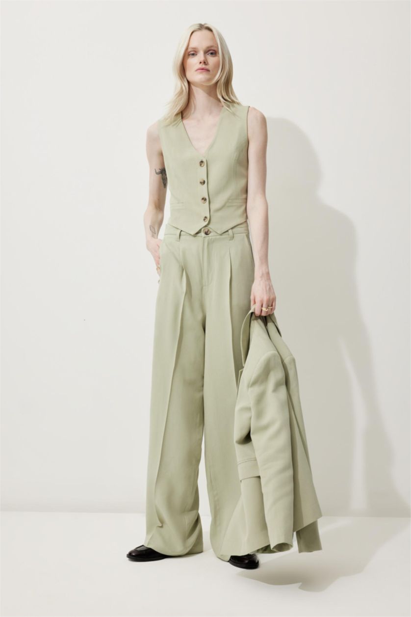 Woman Light Khaki High Waist Wide Leg Linen Blend Palazzo Trousers