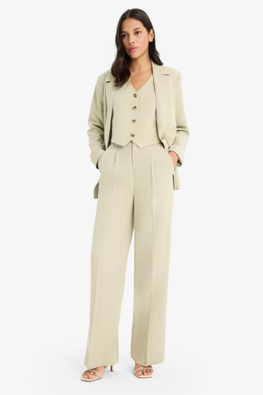 Woman Light Khaki High Waist Wide Leg Linen Blend Palazzo Trousers