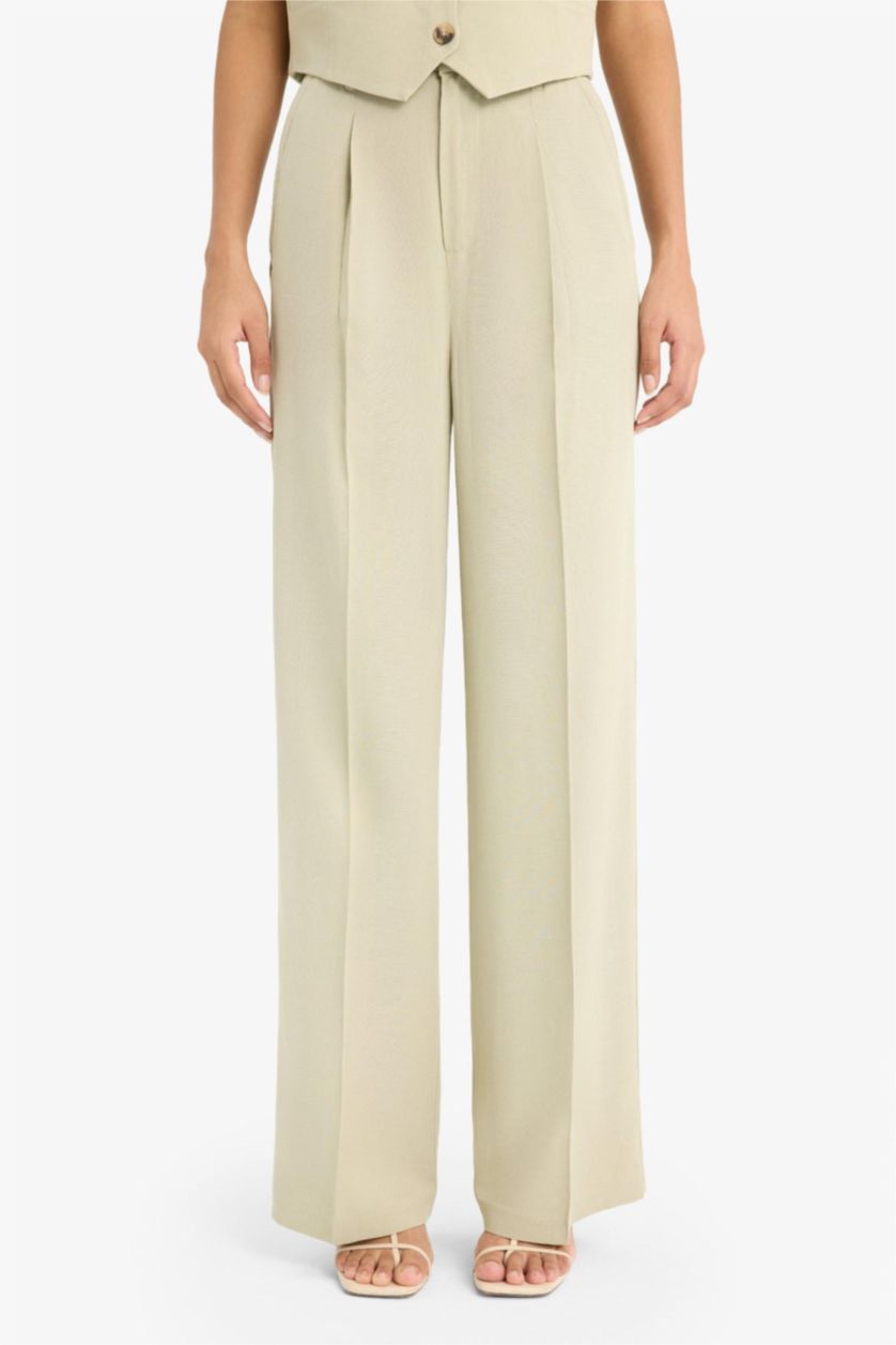 Woman Light Khaki High Waist Wide Leg Linen Blend Palazzo Trousers