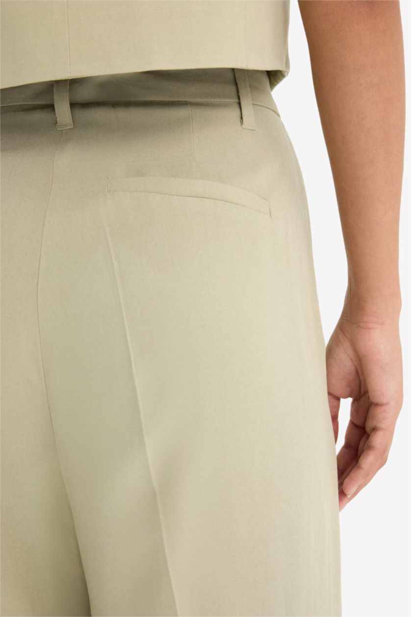 Woman Light Khaki High Waist Wide Leg Linen Blend Palazzo Trousers