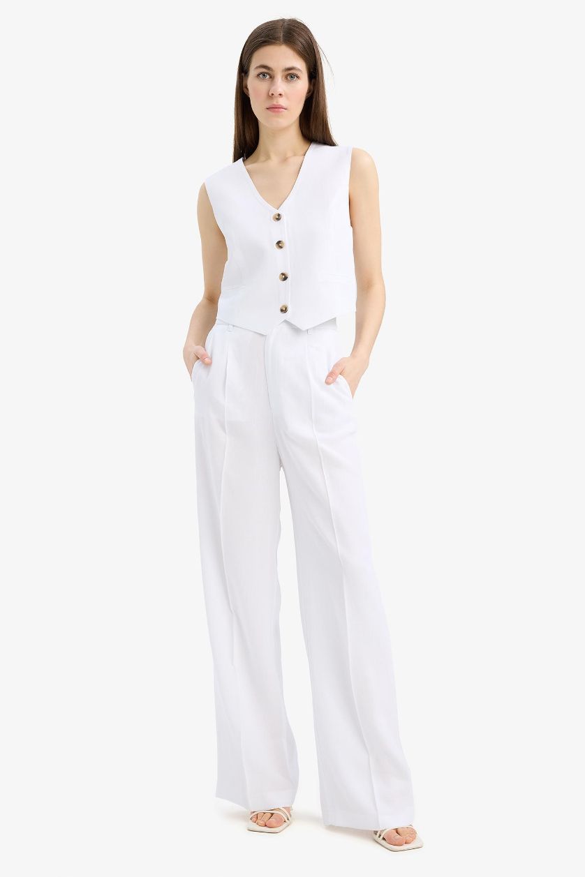 Woman White Wide Leg High Waist Linen Blend Trousers