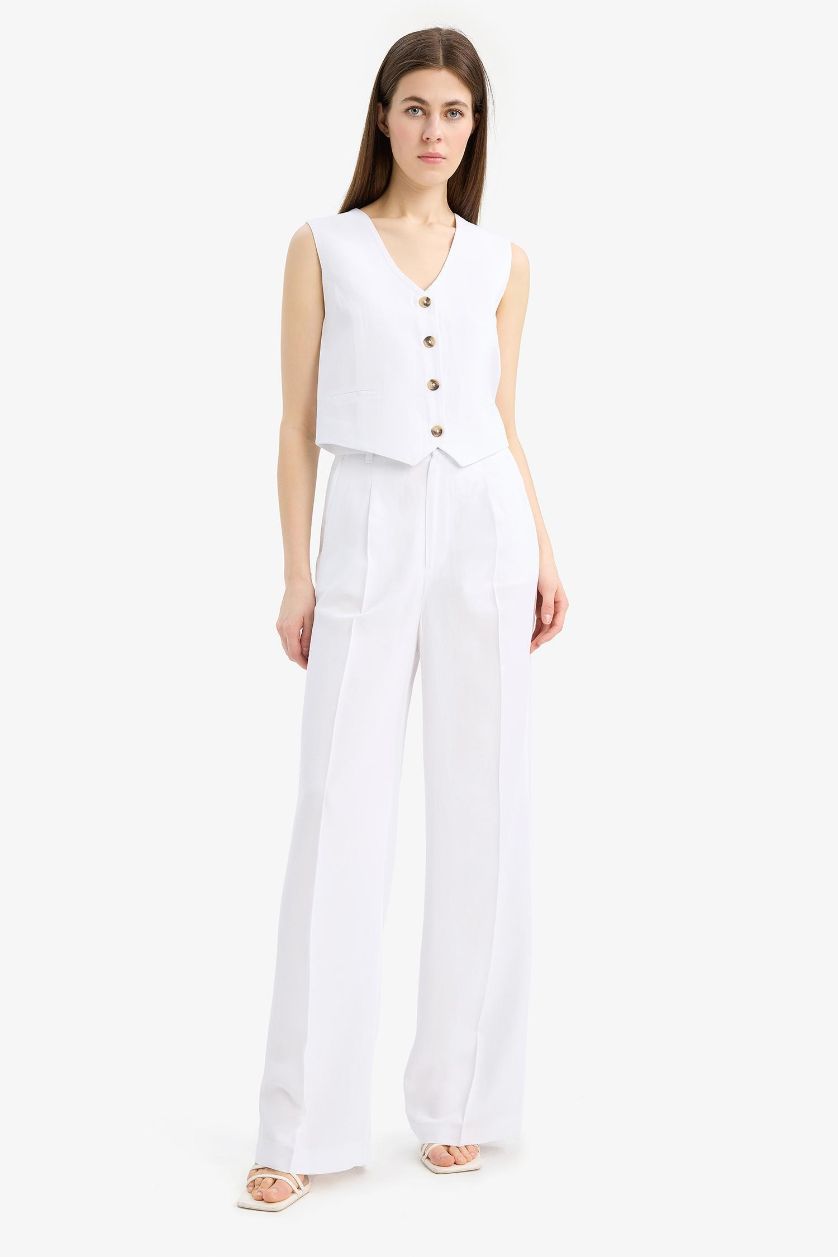 Woman White Wide Leg High Waist Linen Blend Trousers