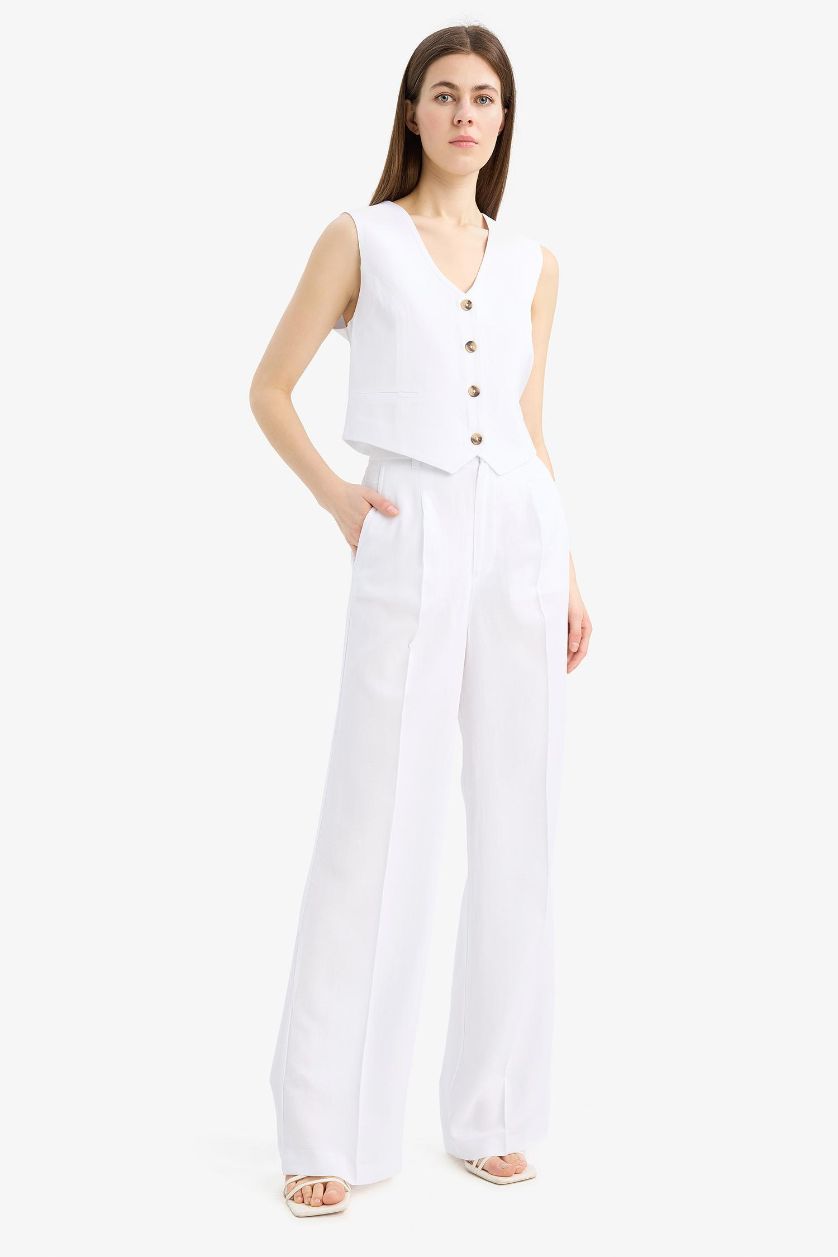 Woman White Wide Leg High Waist Linen Blend Trousers