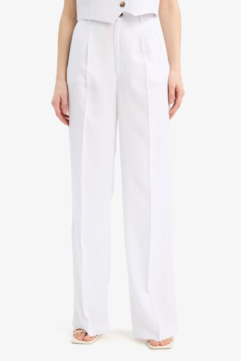 Woman White Wide Leg High Waist Linen Blend Trousers