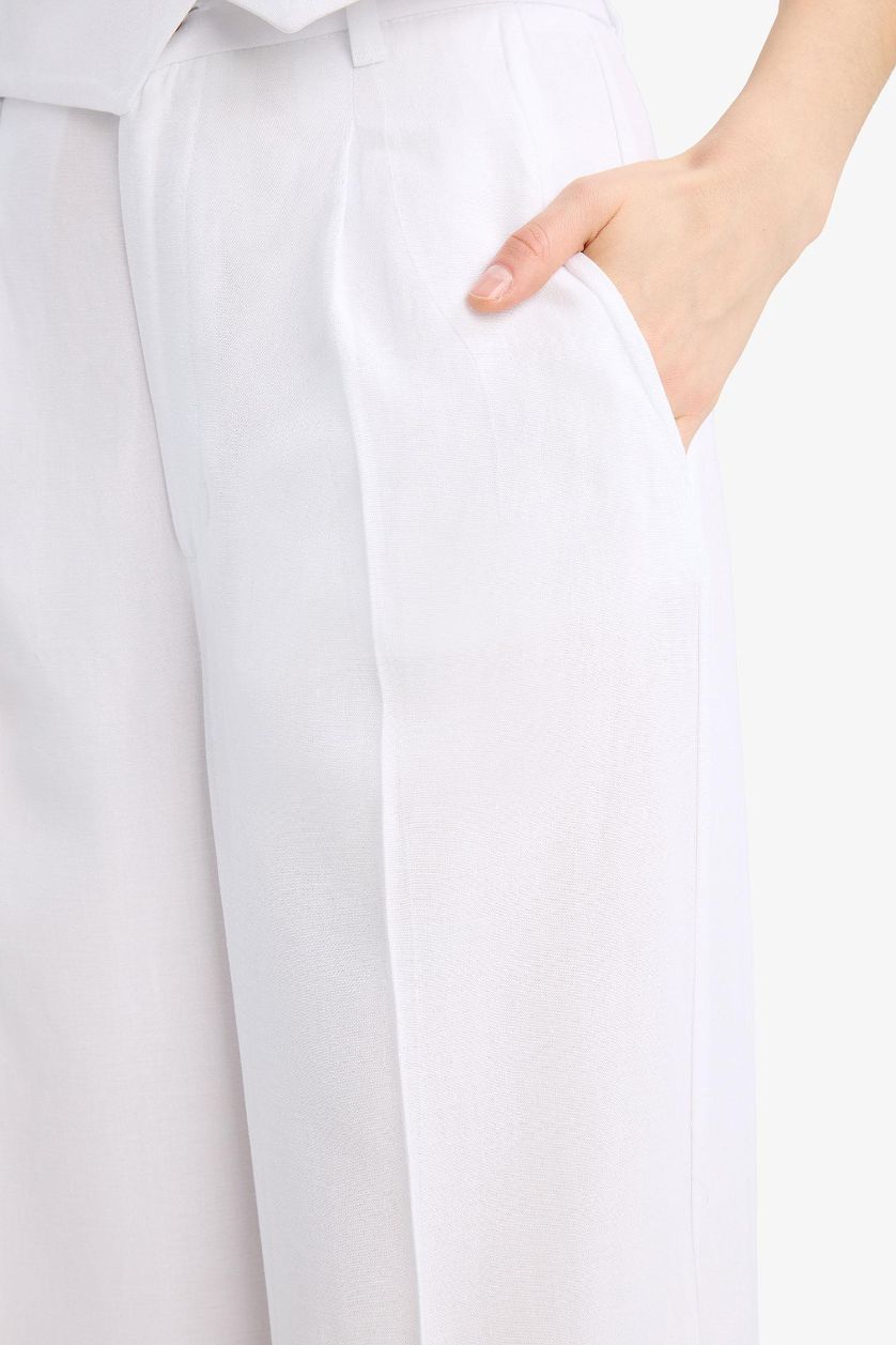 Woman White Wide Leg High Waist Linen Blend Trousers