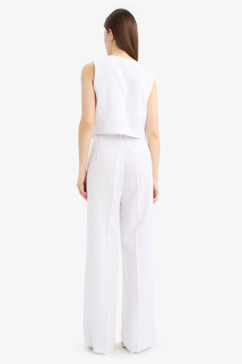 Woman White Wide Leg High Waist Linen Blend Trousers