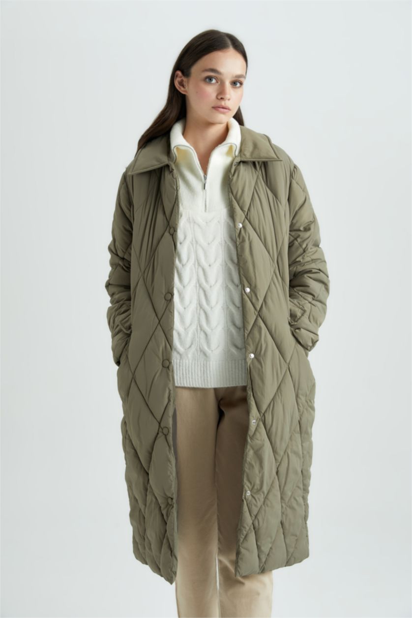 Kadın Haki Su İtici Oversize Geniş Kalıp Polo Yaka Çıtçıt Kapamalı Cepli Kapitoneli Uzun Parka