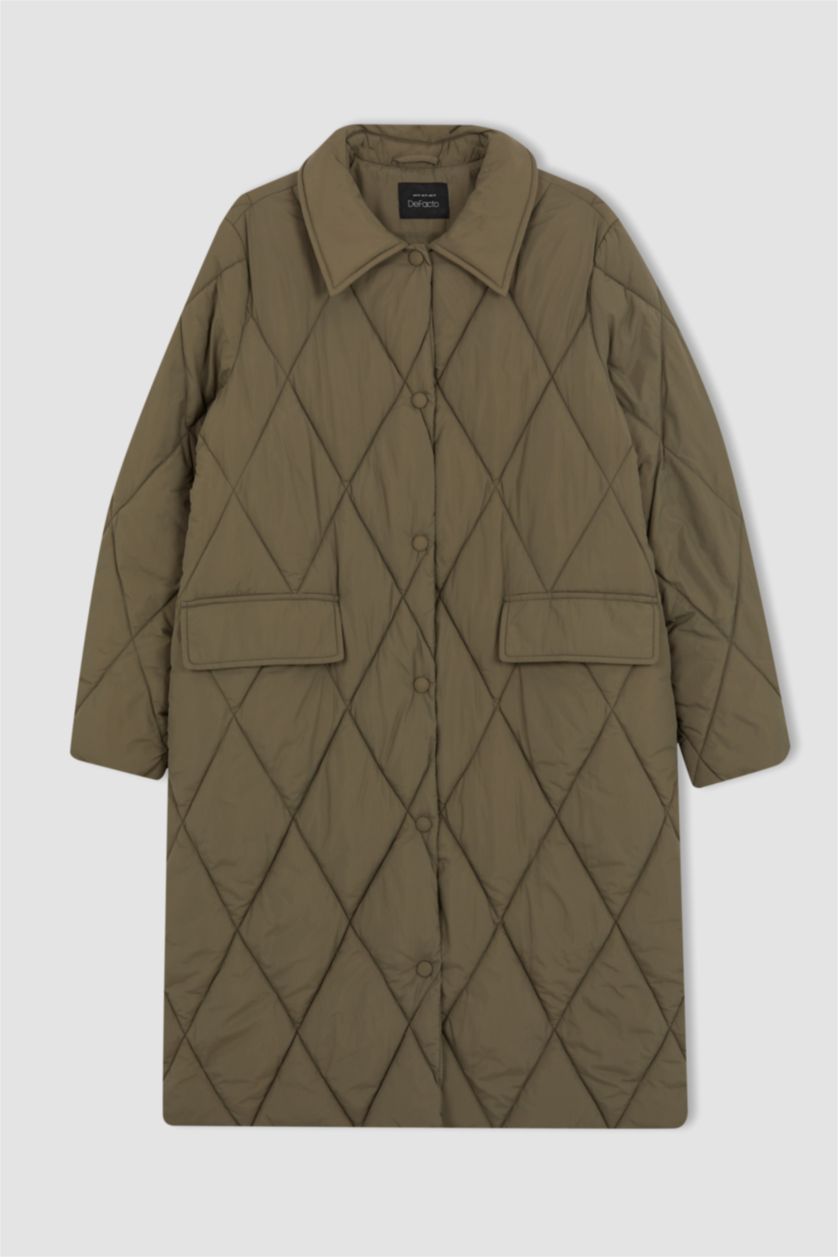 Kadın Haki Su İtici Oversize Geniş Kalıp Polo Yaka Çıtçıt Kapamalı Cepli Kapitoneli Uzun Parka