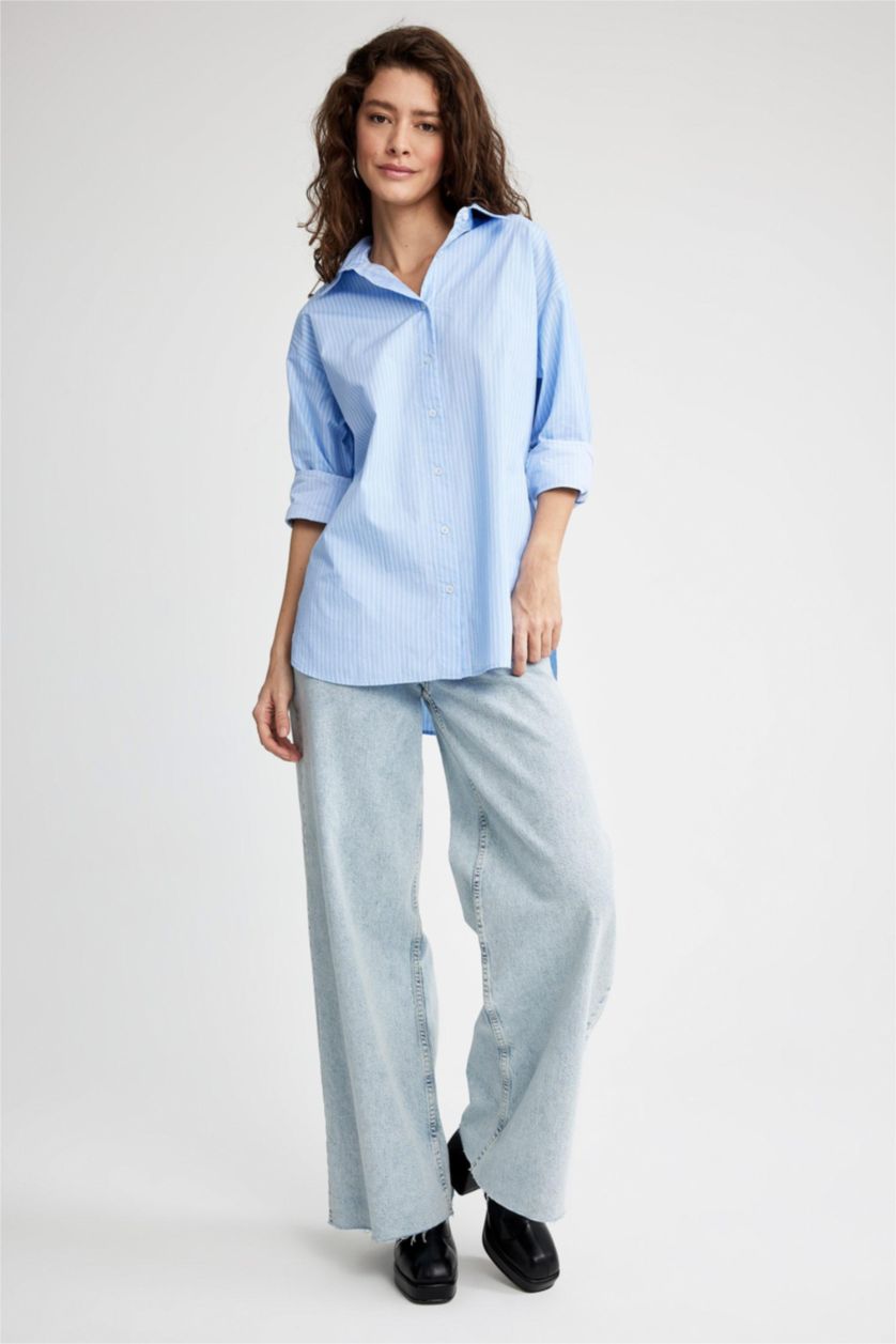 FEMME BLEU Clair Chemise À Manches Longues En Popeline Coupe Oversize À Col Chemise