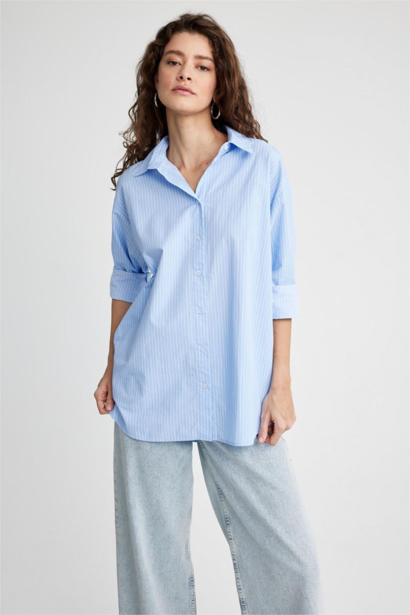FEMME BLEU Clair Chemise À Manches Longues En Popeline Coupe Oversize À Col Chemise