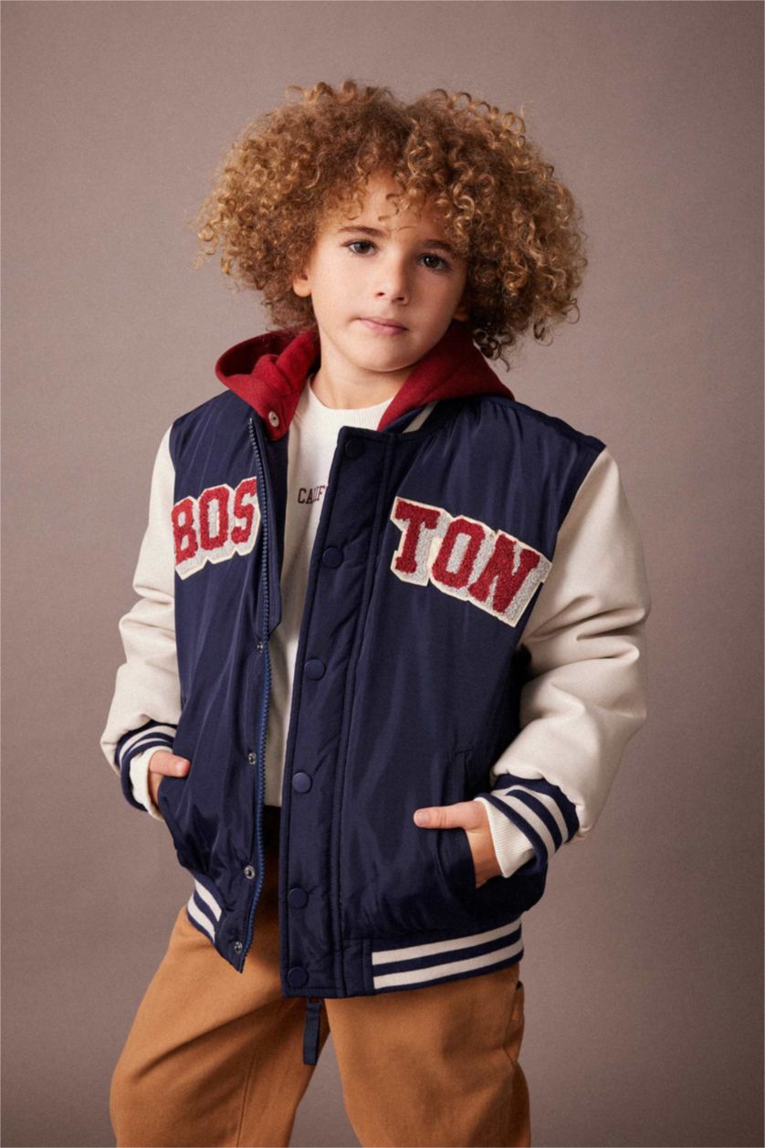 BOYS & TEENS NAVY Boy Water Repellent Hooded College Collar Bomber Jacket