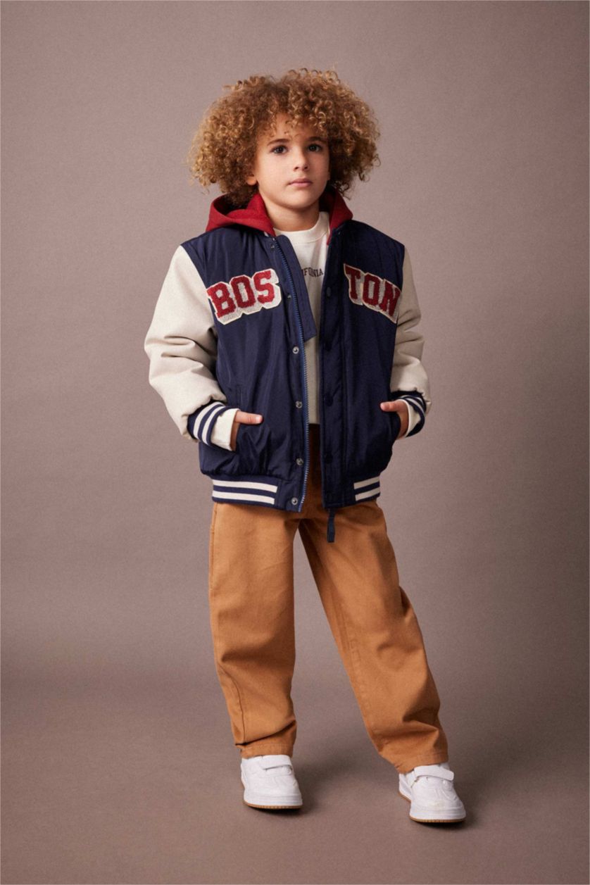 BOYS & TEENS NAVY Boy Water Repellent Hooded College Collar Bomber Jacket