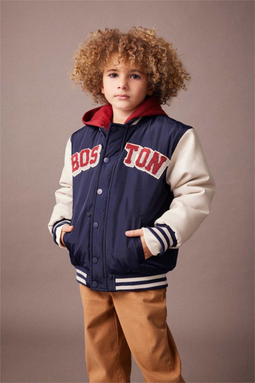 BOYS & TEENS NAVY Boy Water Repellent Hooded College Collar Bomber Jacket