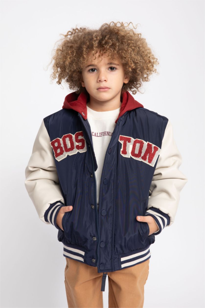 BOYS & TEENS NAVY Boy Water Repellent Hooded College Collar Bomber Jacket