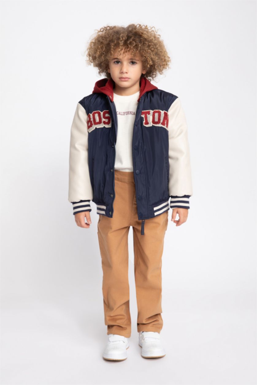 BOYS & TEENS NAVY Boy Water Repellent Hooded College Collar Bomber Jacket