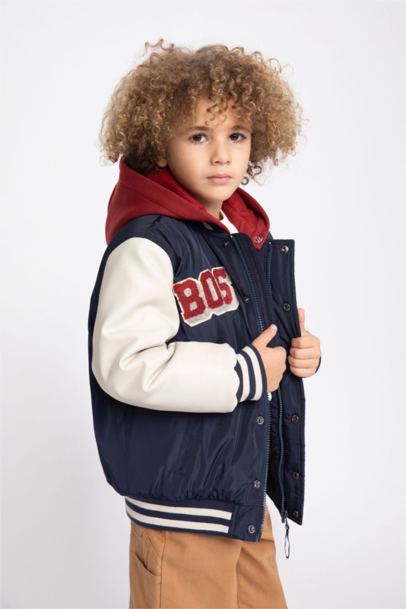 BOYS & TEENS NAVY Boy Water Repellent Hooded College Collar Bomber Jacket