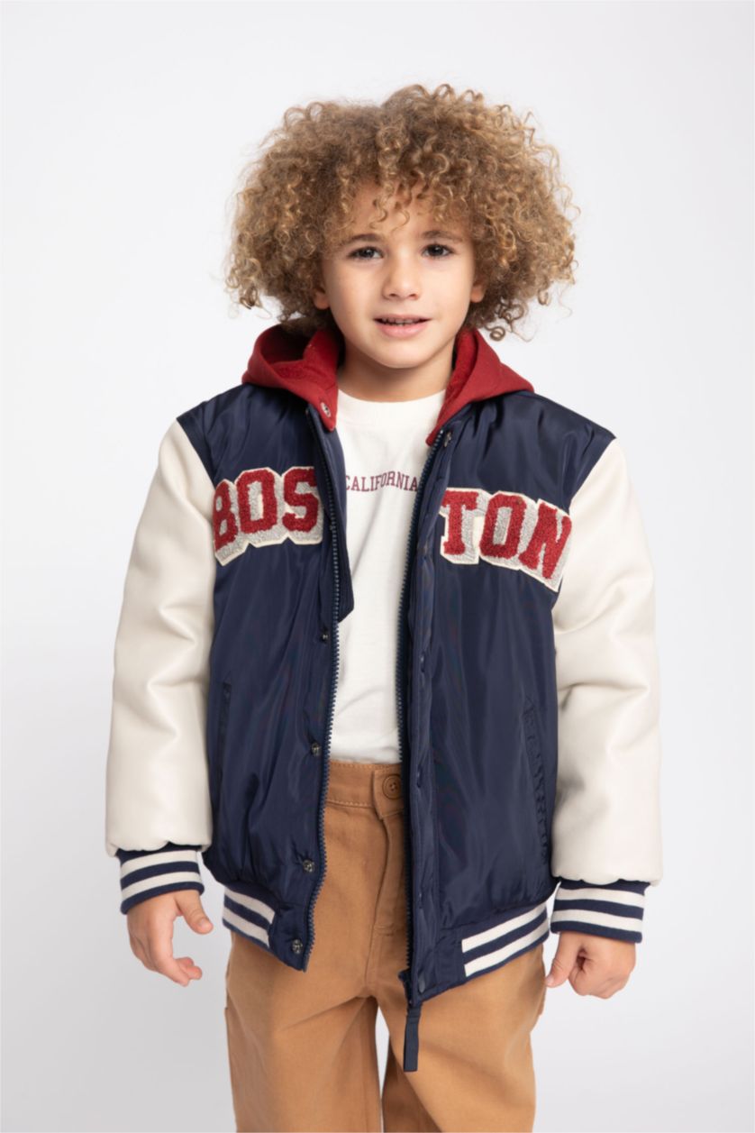 BOYS & TEENS NAVY Boy Water Repellent Hooded College Collar Bomber Jacket