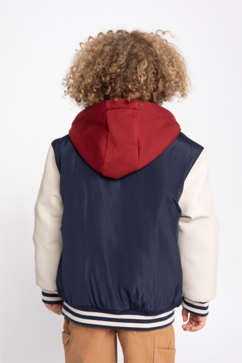 BOYS & TEENS NAVY Boy Water Repellent Hooded College Collar Bomber Jacket