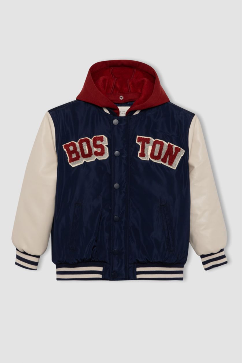 BOYS & TEENS NAVY Boy Water Repellent Hooded College Collar Bomber Jacket