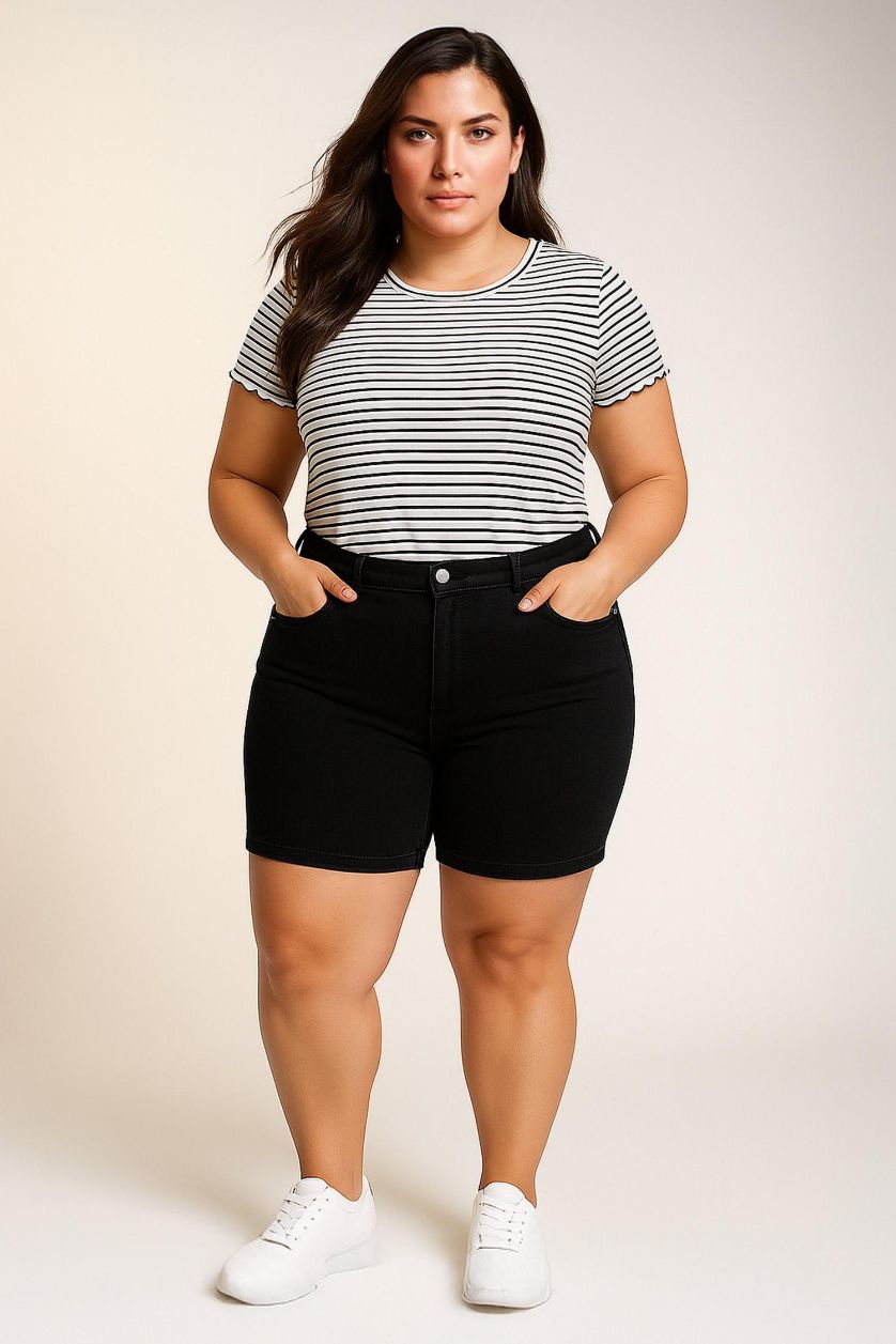 Kadın Siyah Normal Bel Katlamalı Paça Jean Bermuda Şort