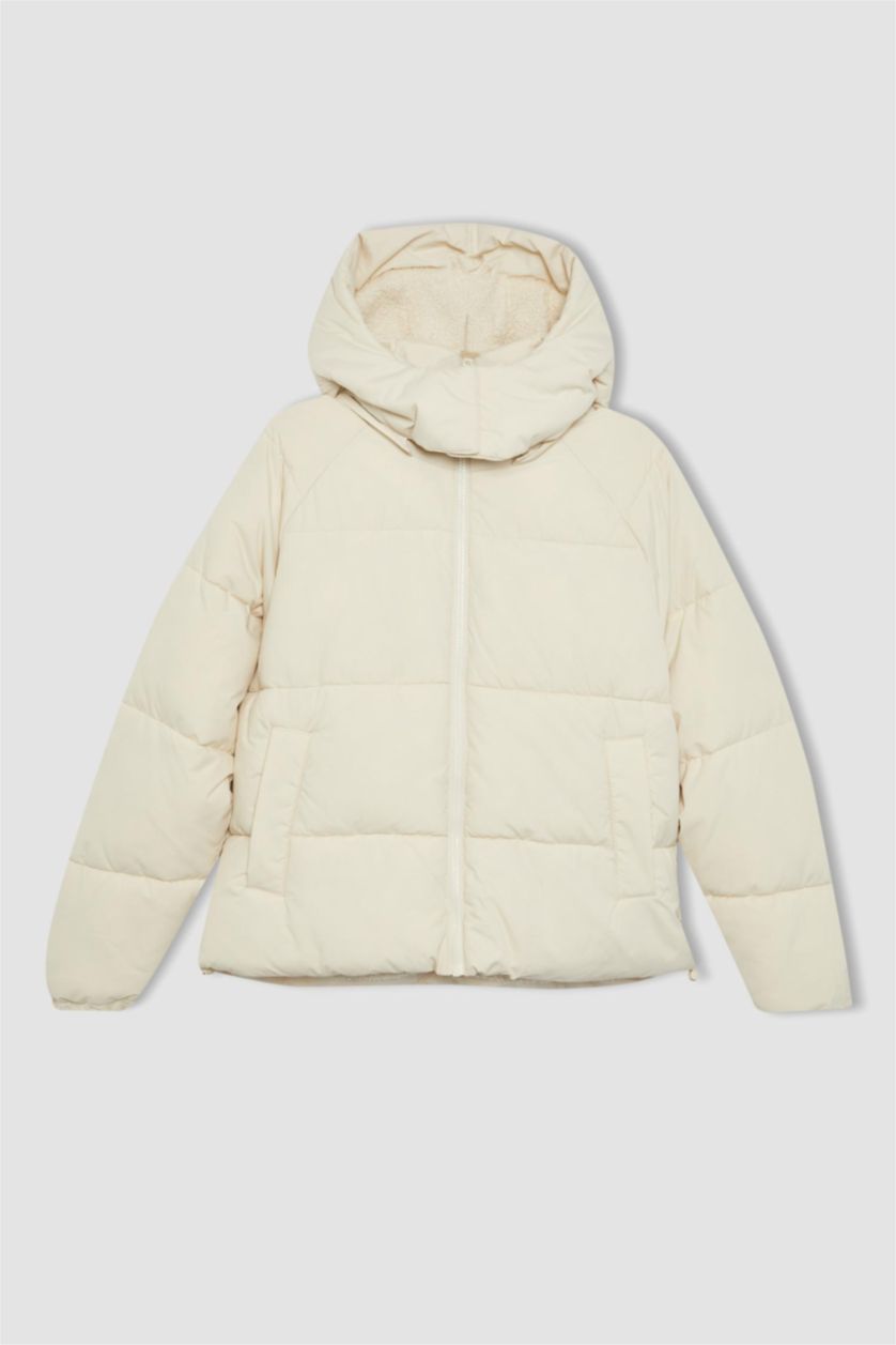 Kadın Bej Su İtici Şişme Mont Oversize Geniş Kalıp Kapüşonlu İçi Suni Kürklü Fermuarlı Cepli