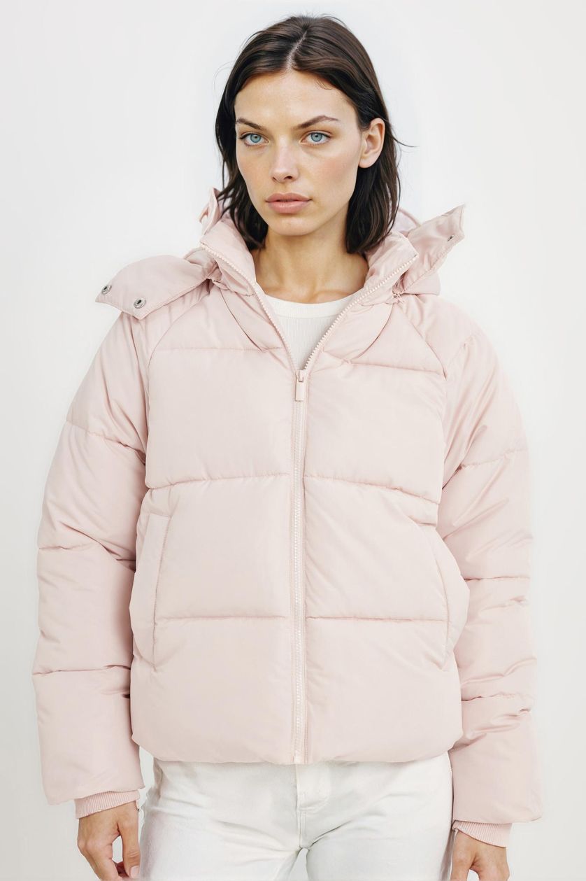 Kadın Açık Pembe Su İtici Puffer Şişme Mont Oversize Geniş Kalıp Kapüşonlu İçi Suni Kürklü Fermuarlı Cepli