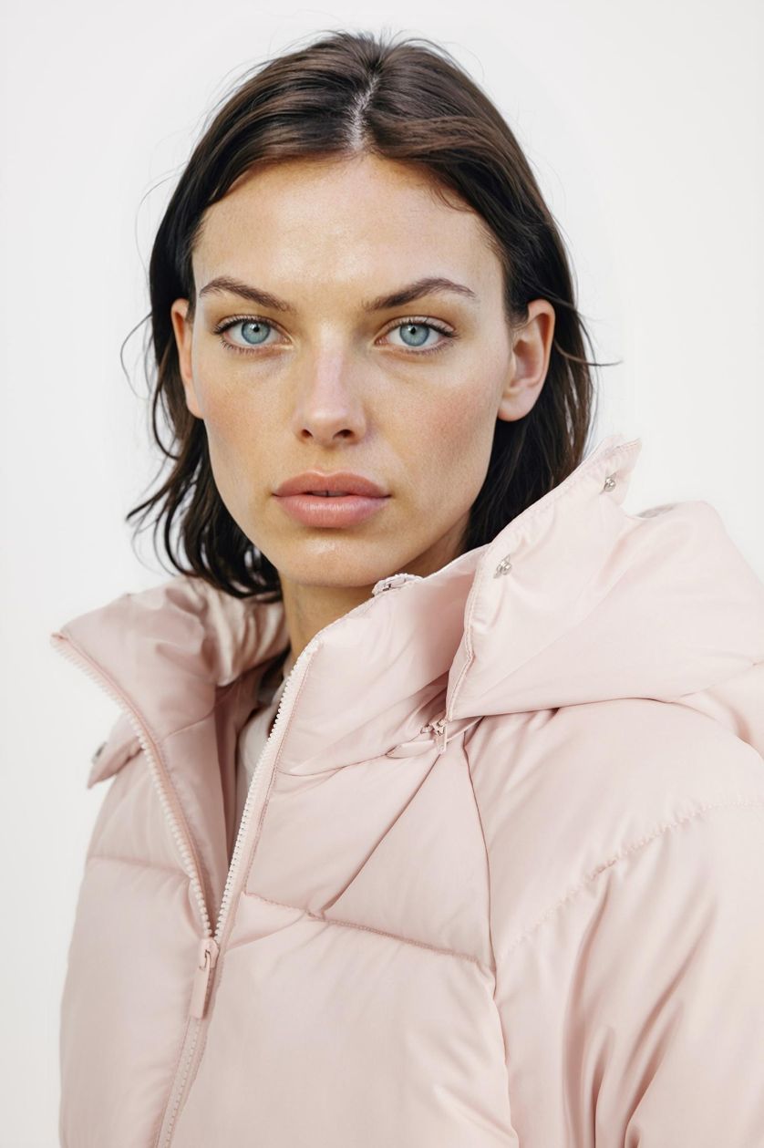 Kadın Açık Pembe Su İtici Puffer Şişme Mont Oversize Geniş Kalıp Kapüşonlu İçi Suni Kürklü Fermuarlı Cepli