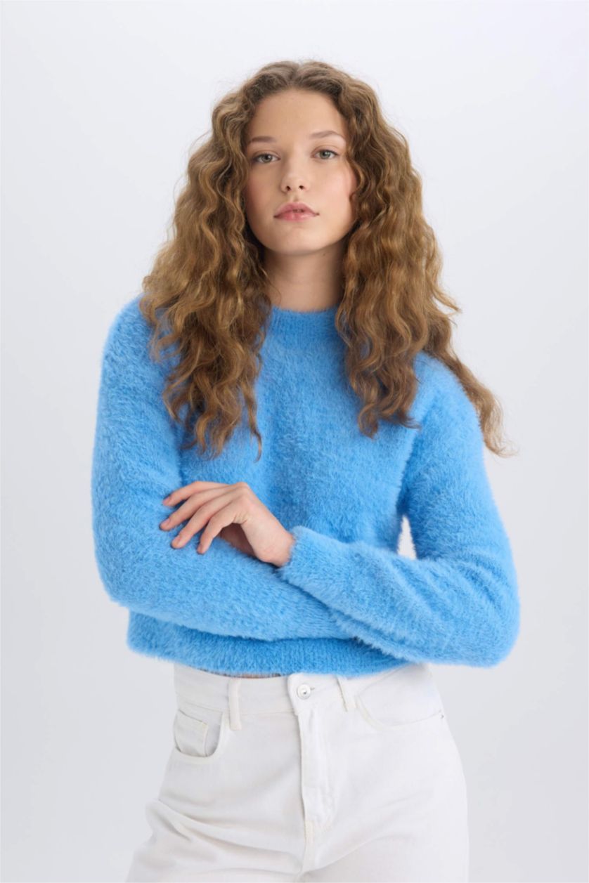 WOMAN Blue Regular Fit Half Turtleneck Pullover