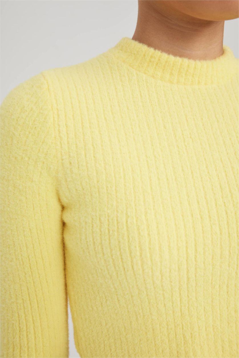 حريمي أصفر بلوفر تريكو قصة عادية برقبة مستديرة