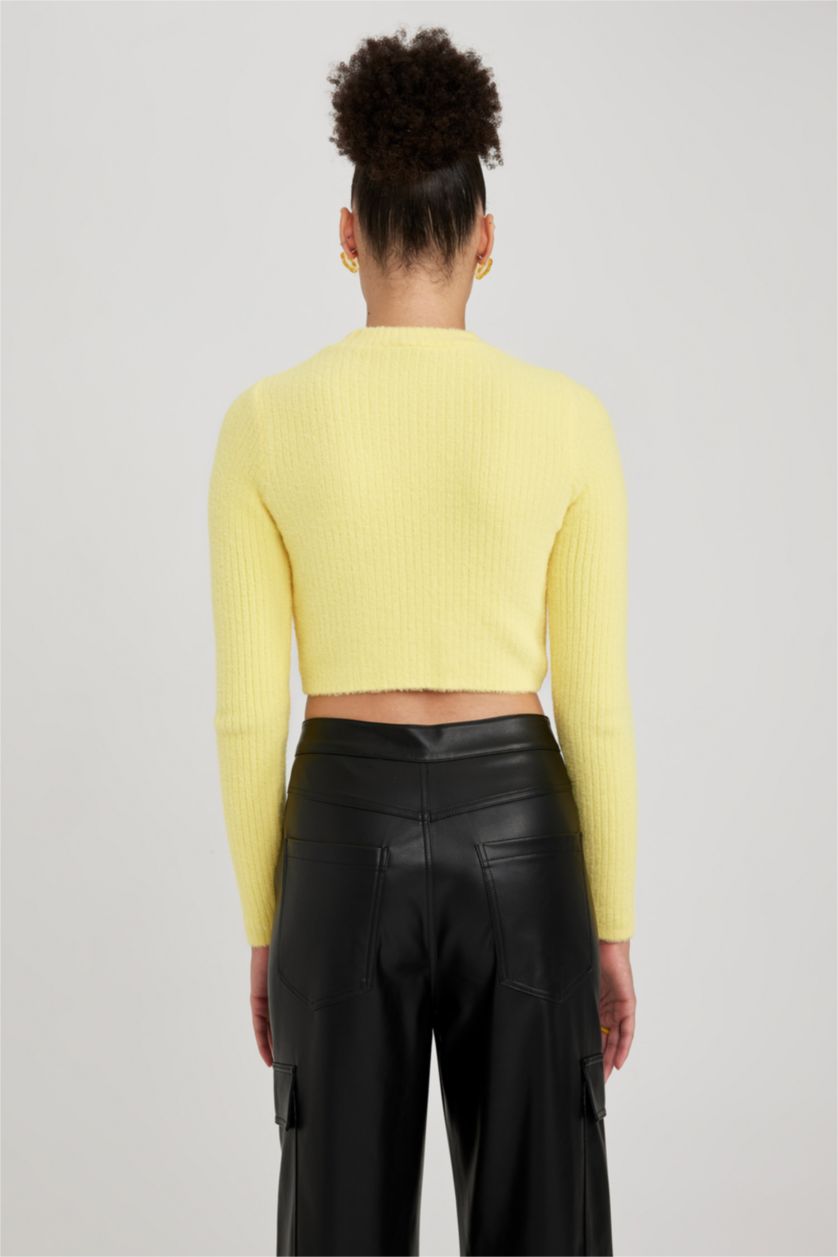 حريمي أصفر بلوفر تريكو قصة عادية برقبة مستديرة