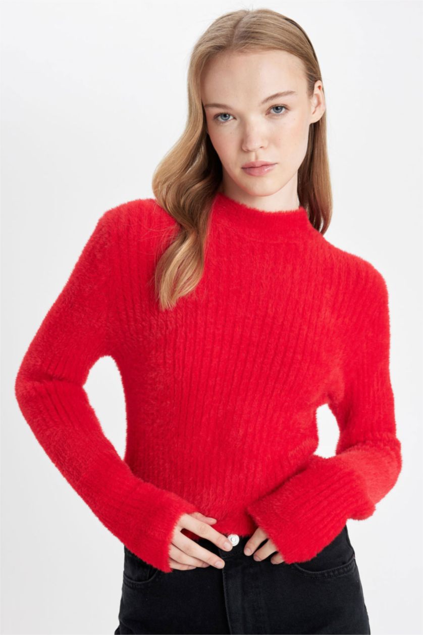 Woman Red Regular Fit Half Turtleneck Knitted Pullover