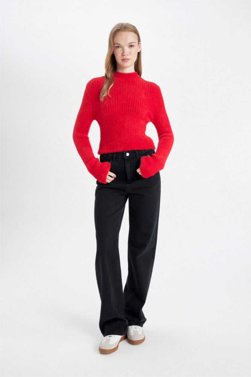 Woman Red Regular Fit Half Turtleneck Knitted Pullover