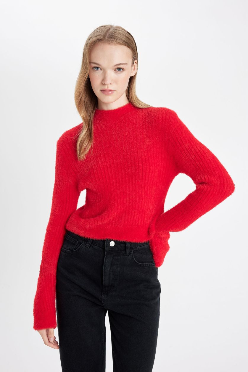Woman Red Regular Fit Half Turtleneck Knitted Pullover