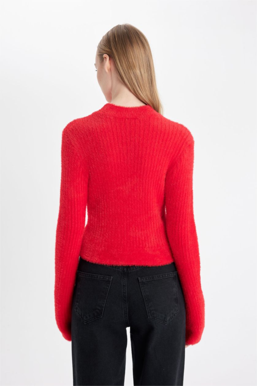Woman Red Regular Fit Half Turtleneck Knitted Pullover