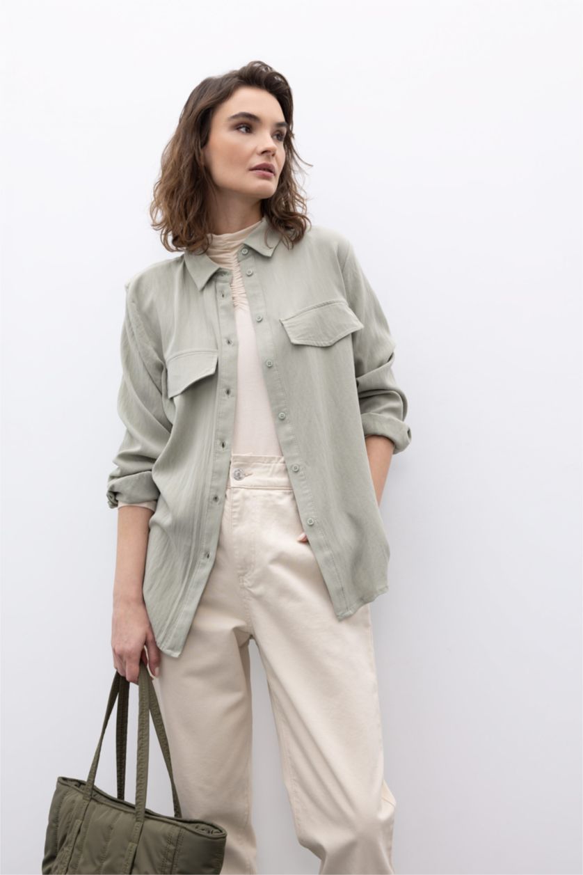 FEMME Kaki Clair Chemises à manches longues Tencel Col De Chemise Poche à rabat