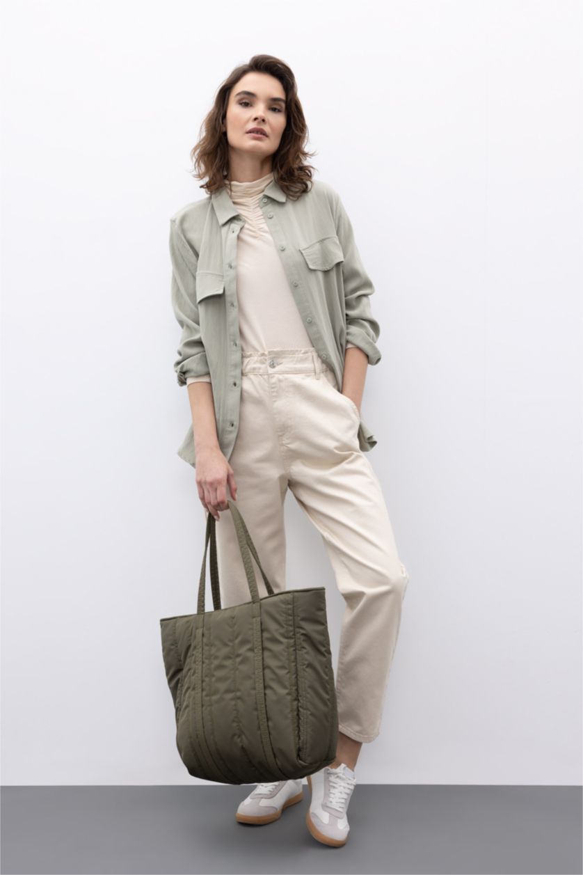 FEMME Kaki Clair Chemises à manches longues Tencel Col De Chemise Poche à rabat