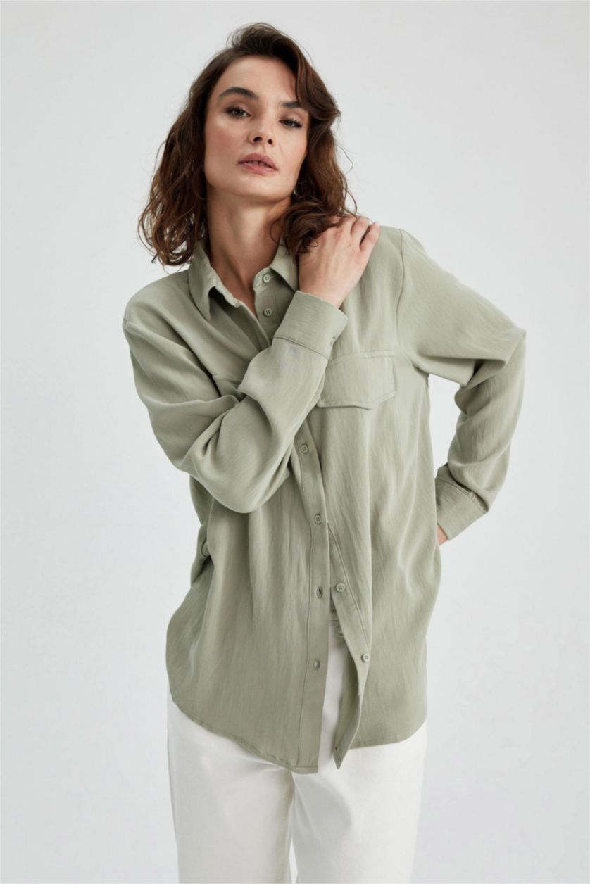 FEMME Kaki Clair Chemises à manches longues Tencel Col De Chemise Poche à rabat