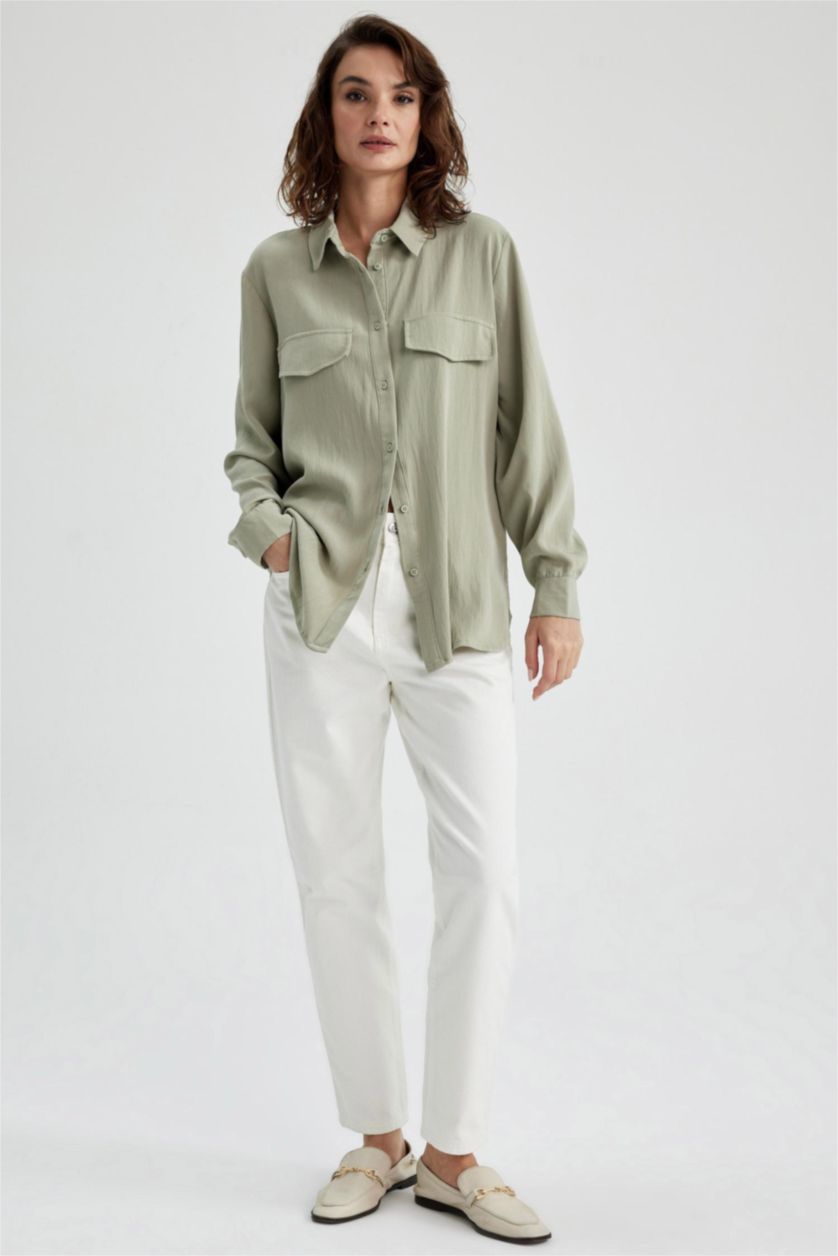 FEMME Kaki Clair Chemises à manches longues Tencel Col De Chemise Poche à rabat