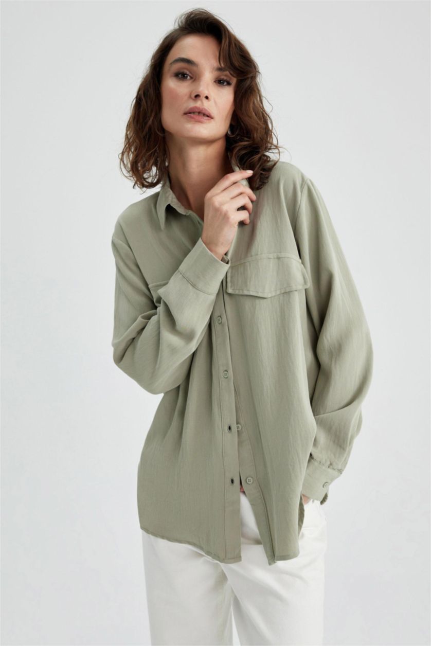 FEMME Kaki Clair Chemises à manches longues Tencel Col De Chemise Poche à rabat