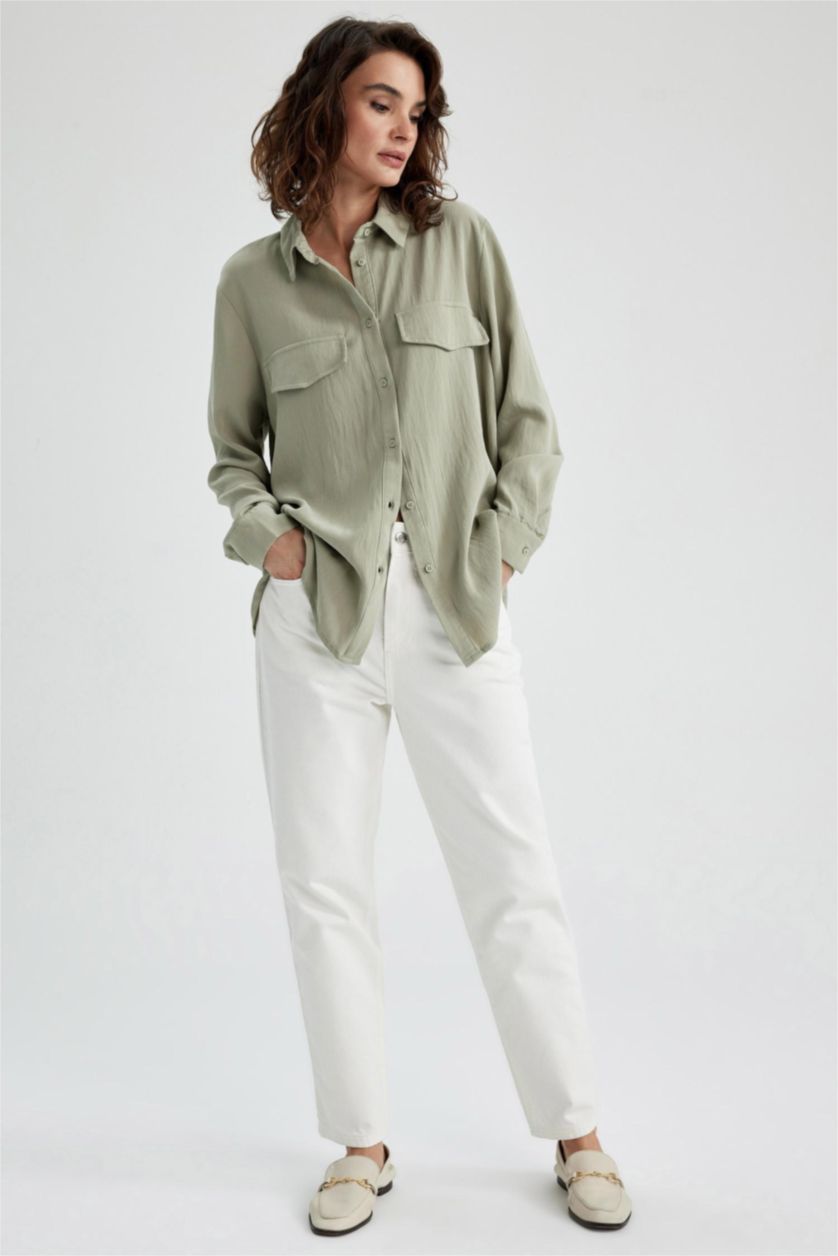 FEMME Kaki Clair Chemises à manches longues Tencel Col De Chemise Poche à rabat