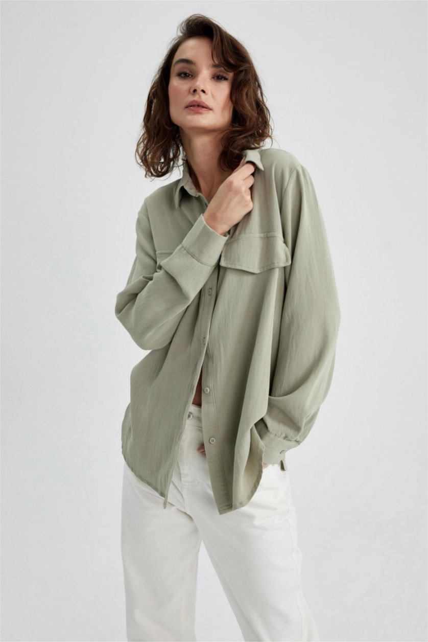 FEMME Kaki Clair Chemises à manches longues Tencel Col De Chemise Poche à rabat