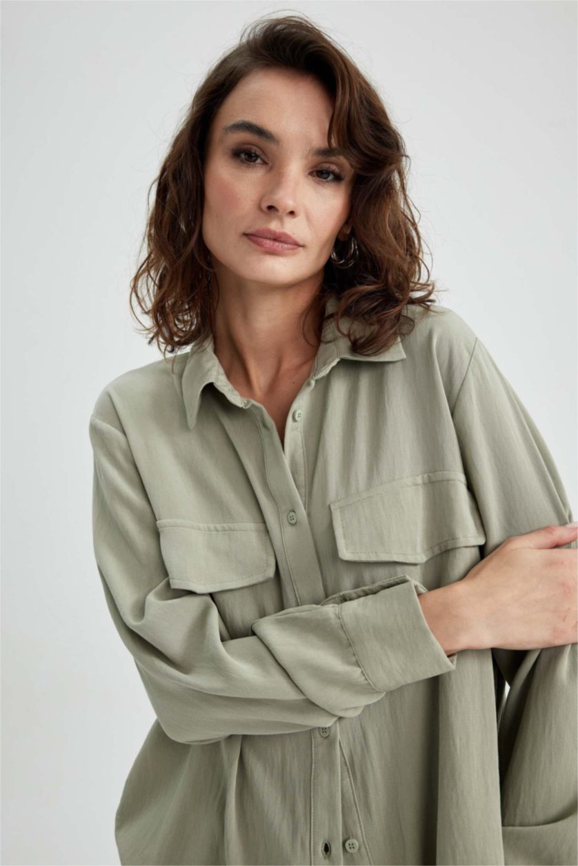 FEMME Kaki Clair Chemises à manches longues Tencel Col De Chemise Poche à rabat